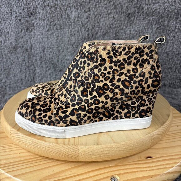 Linea Paolo Felicia Hidden Wedge Shoe Womens Size 6.5 Real Fur Calf Hair Leopard - Picture 1 of 11
